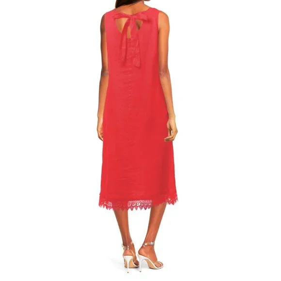 NWT Rosemarine Made In Italy Linen Crochet Hem Bow Tie Back Midi Dress - Picture 2 of 8